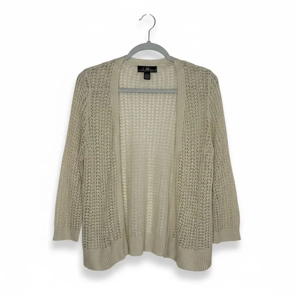 80 Park Cardigan Sweater Open Knit Open Front Beige Metallic Gold XL